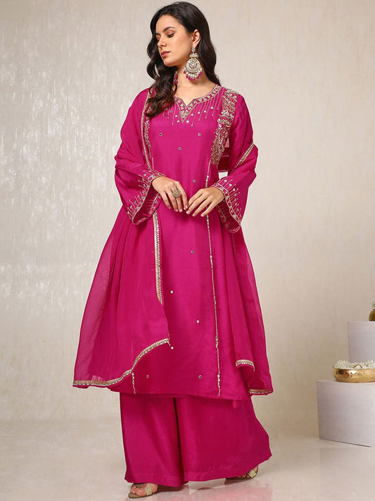 Dhiyona SO Women's Pink Ethnic Motifs Embroidered Mirror Work Dupion Silk Kurta With Palazzos & Dupatta