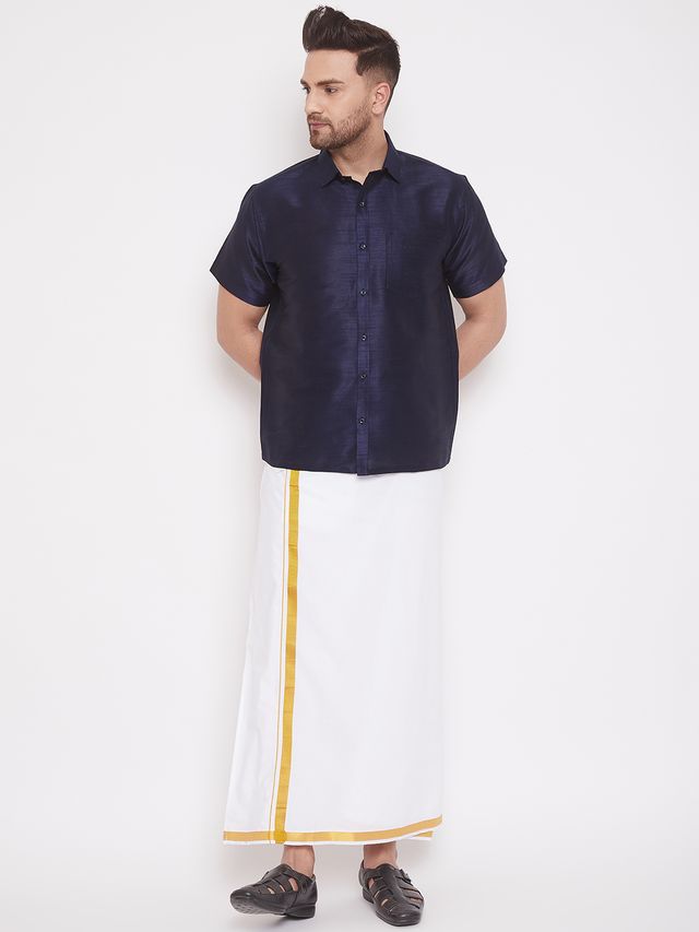 Men's Navy Blue Silk Blend Straight Shirt And Mundu