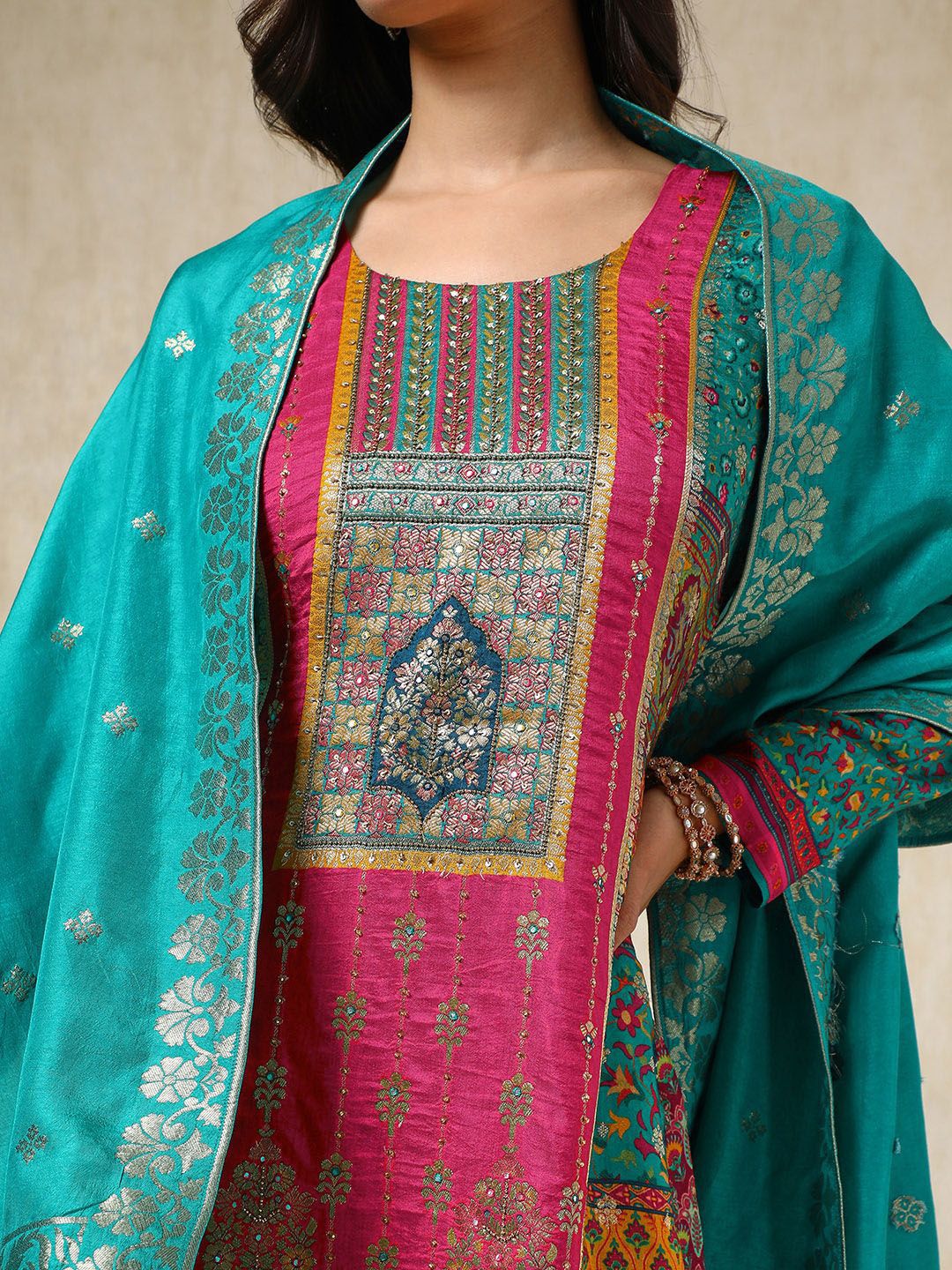 Dhiyona SO Women's Ethnic Motifs Printed Mirror Work Straight Kurta with Trousers & Dupatta