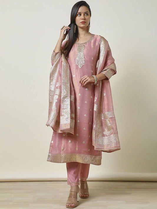 Dhiyona SO Women's Embroidered Beads & Stones Straight Kurta with Trousers & Dupatta