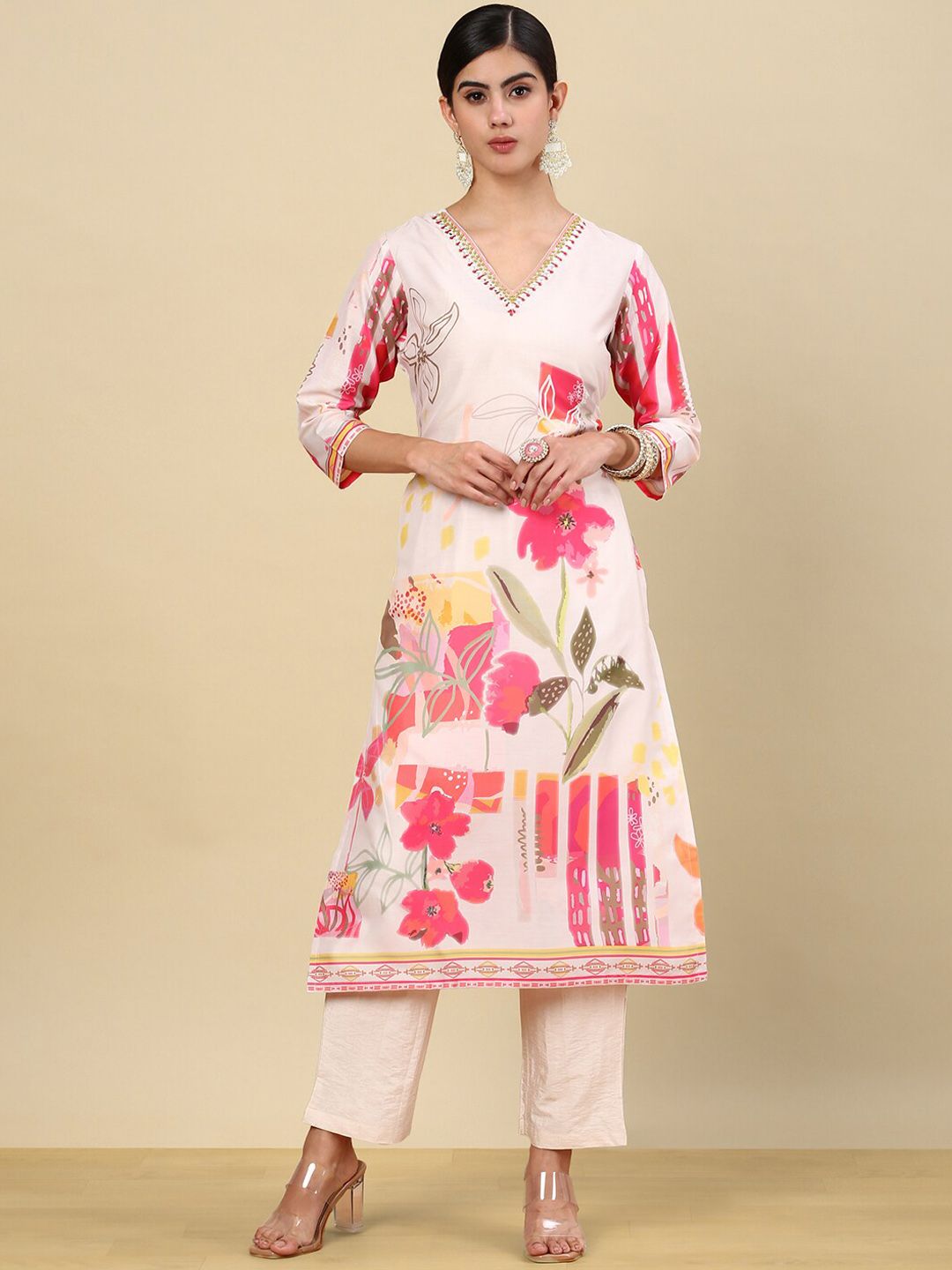 Dhiyona SO Women's Floral Printed Regular Thread Work Kurta with Trouser