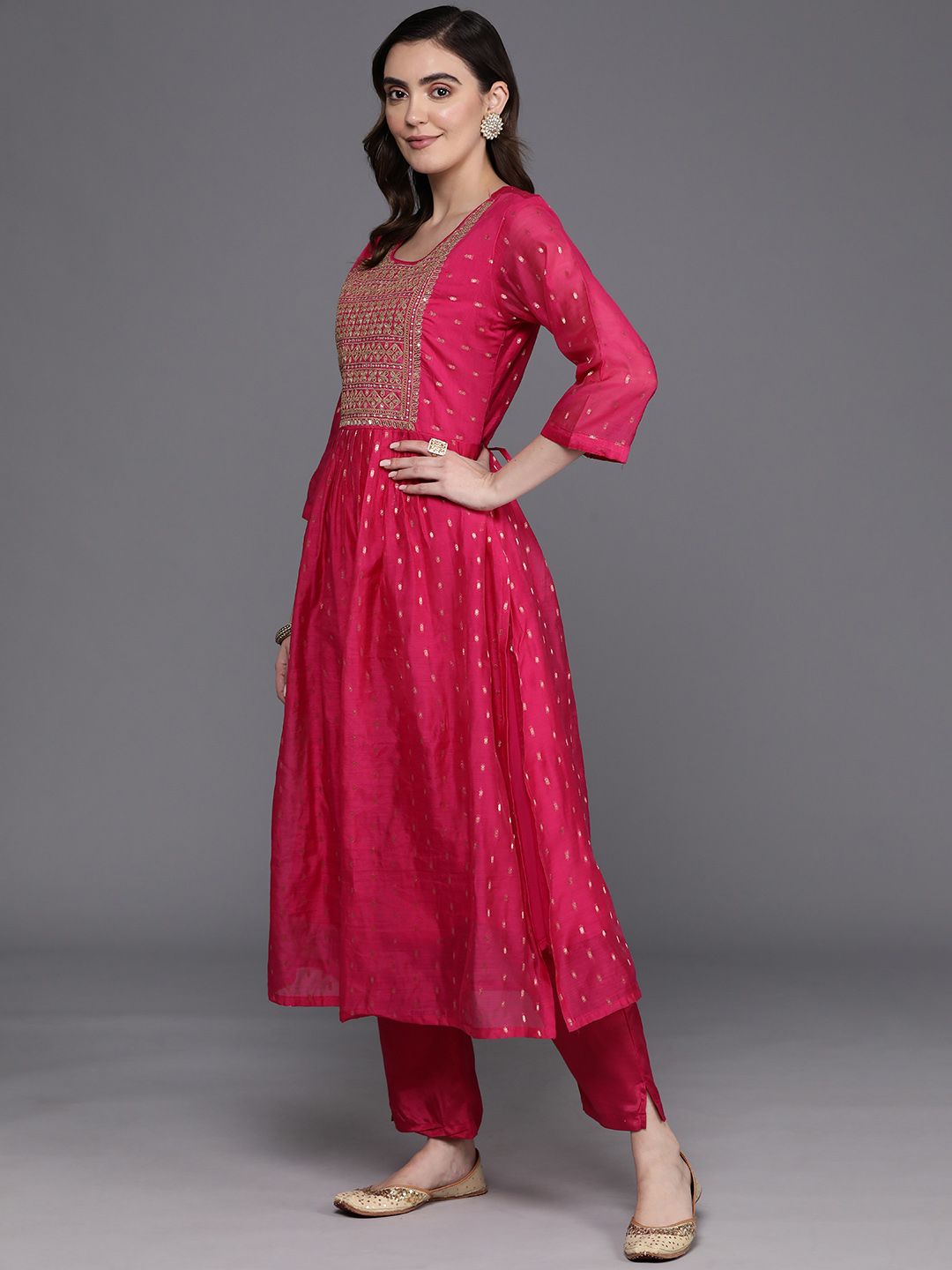 Dhiyona IE Embroidered Empire Sequinned Chanderi Silk Kurta with Trousers & Dupatta