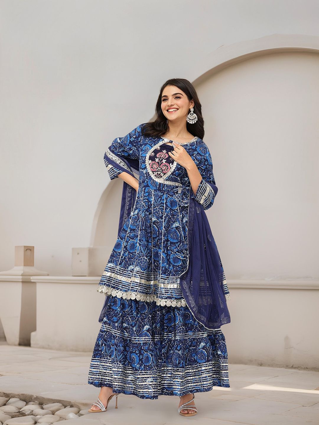Dhiyona IS Women's Floral Printed A-Line Pure Cotton Gotta Patti Kurta with Sharara & Dupatta