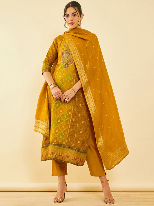 Dhiyona SO Women's Ethnic Motifs Regular Thread Work Kurta With Trousers & Dupatta