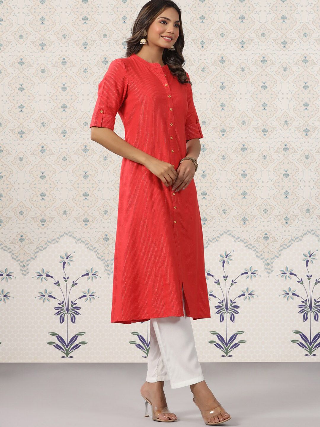 Dhiyona OD Striped Mandarin Collar Roll Up Sleeves Kurta with Palazzos