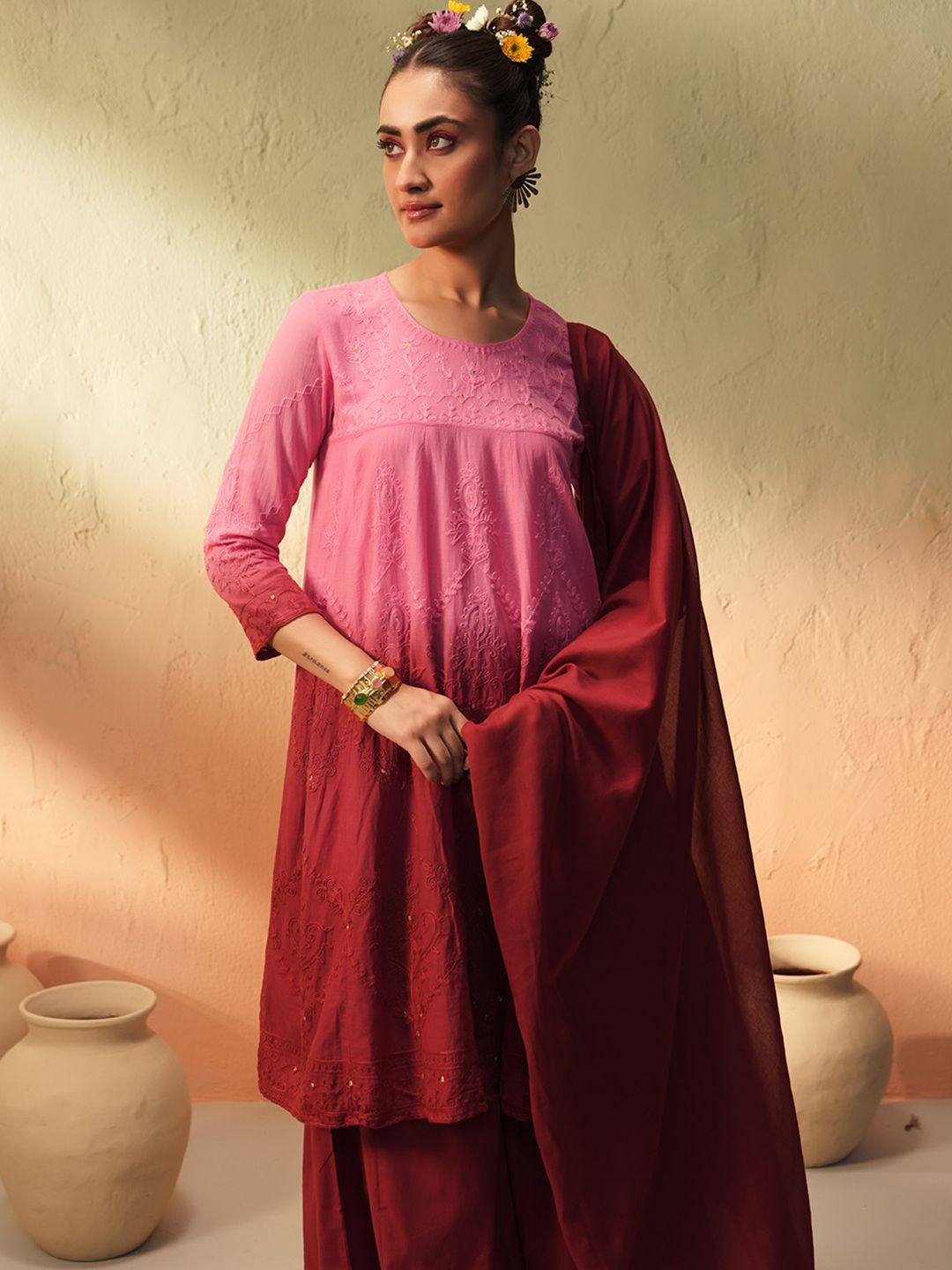 Dhiyona IS Women's Women Ombre Embroidered Regular Thread Work Pure Cotton Kurta with Palazzos & With Dupatta