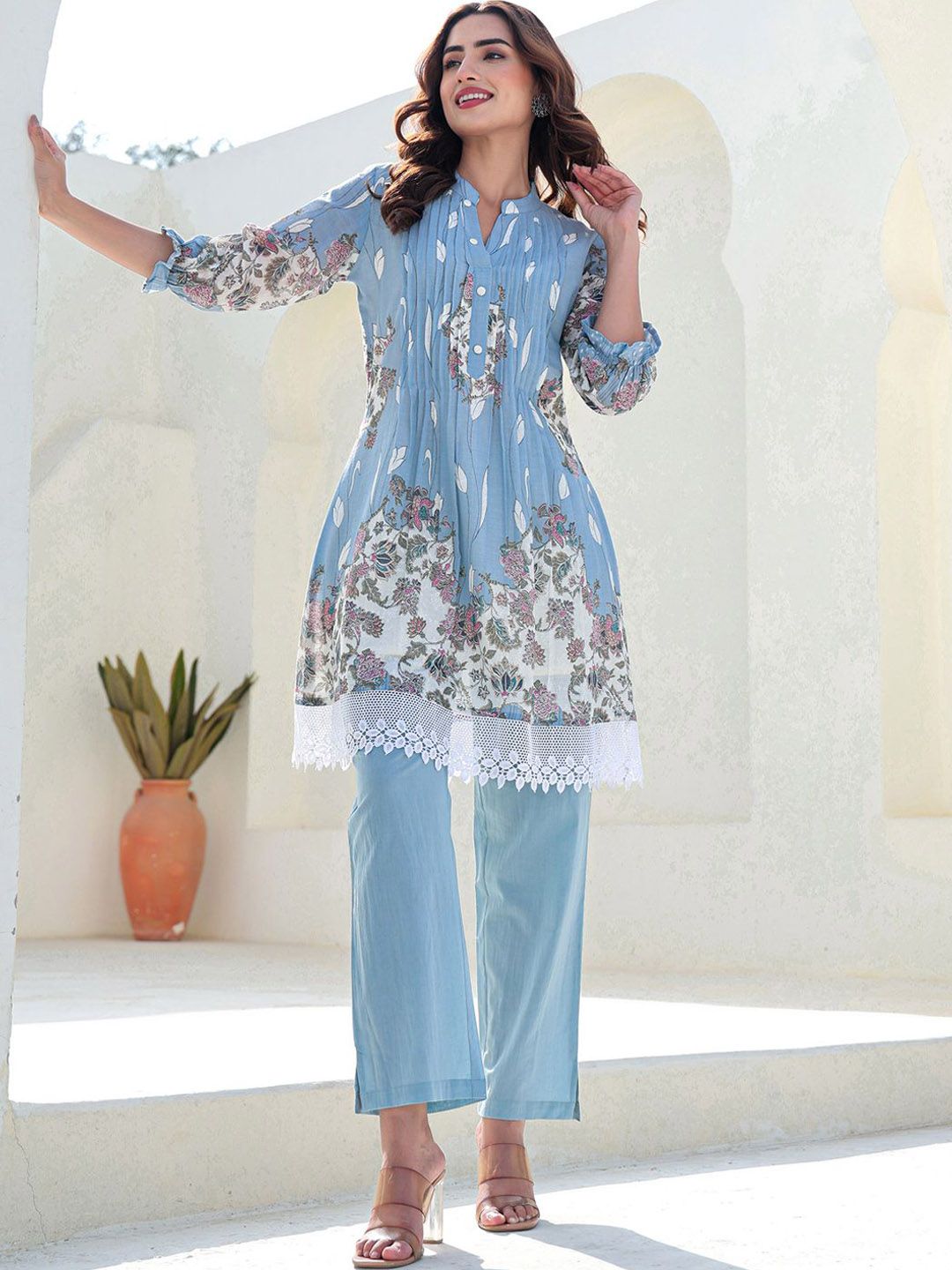 Dhiyona IE Floral Printed Pure Cotton Tunic With Trousers Co-Ords