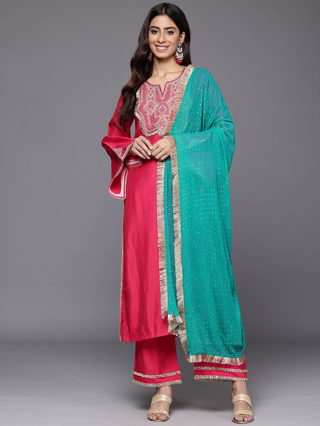 Dhiyona VA Women's Ethnic Motifs Embroidered Regular Mirror Work Kurta with Trousers & Dupatta