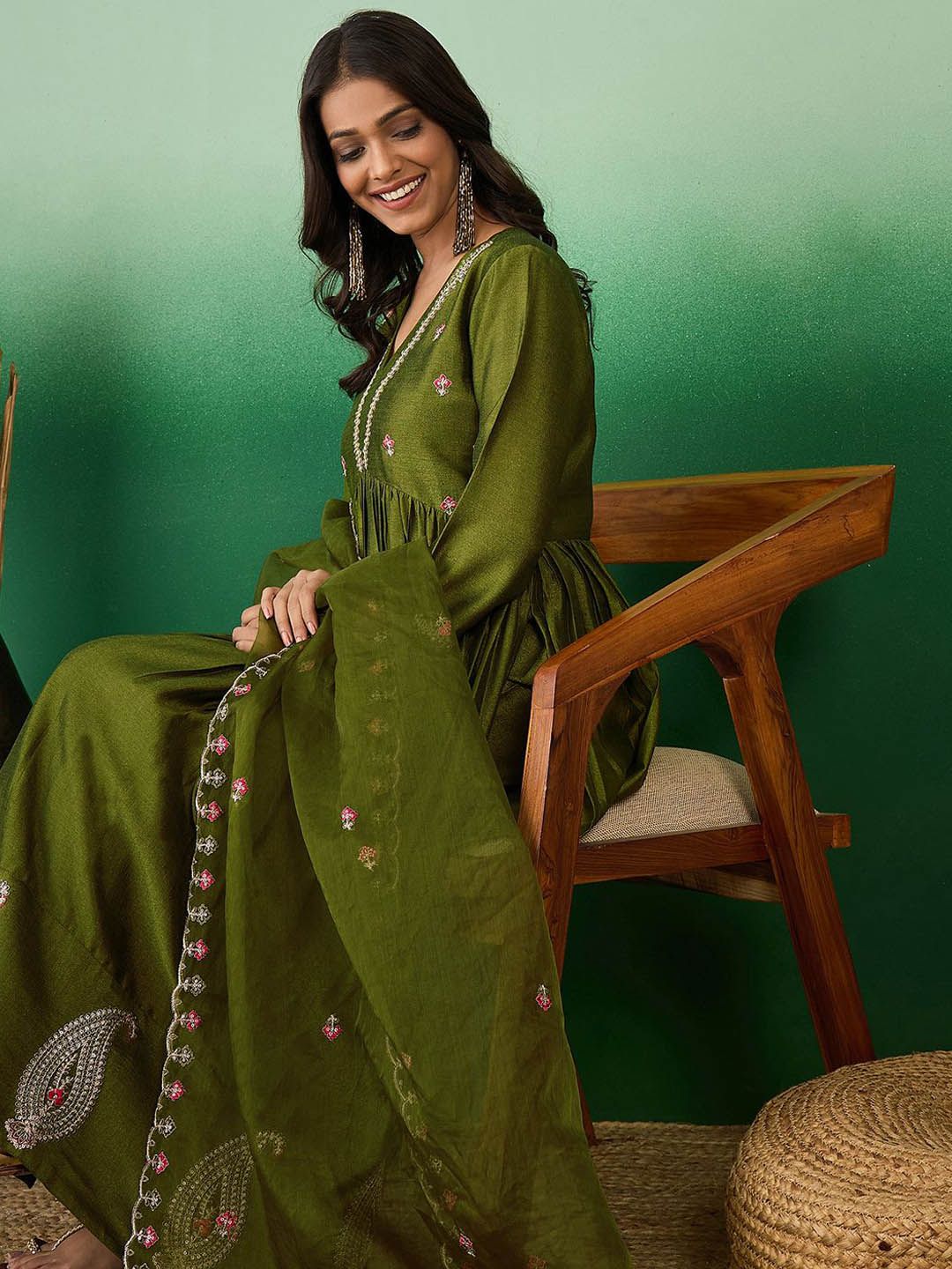 Dhiyona SN Women's Olive Green Zari Sequence Embroidered A-Line Kurta With Palazzos & Dupatta