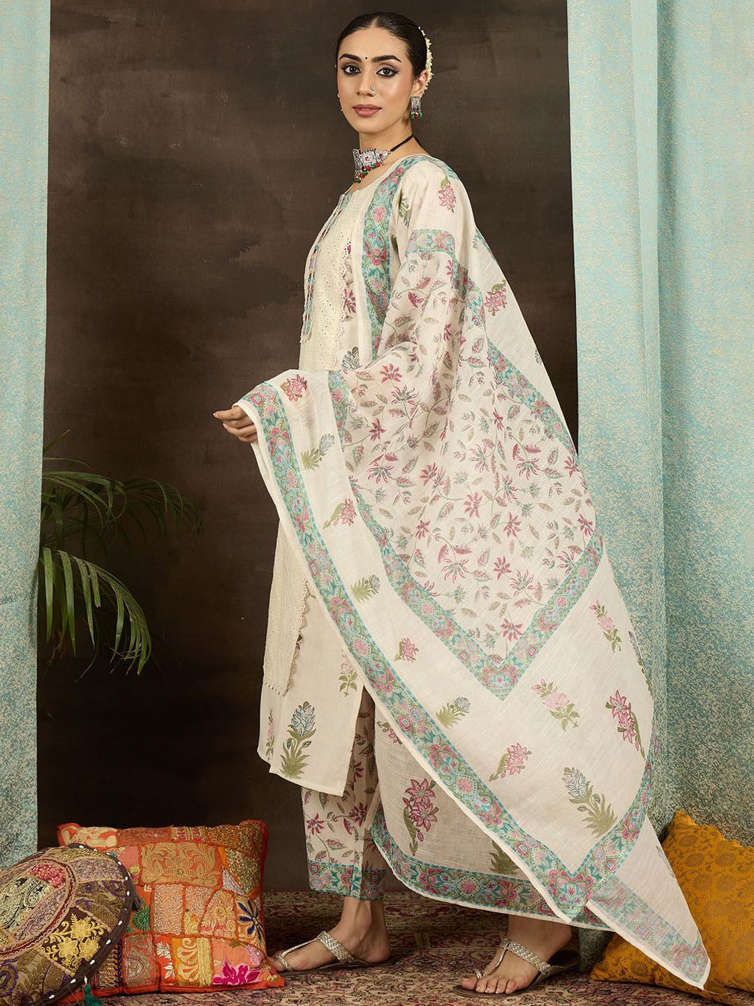 Dhiyona IE Floral Printed Notch Neck Mirror Work Straight Kurta With Trousers & Dupatta