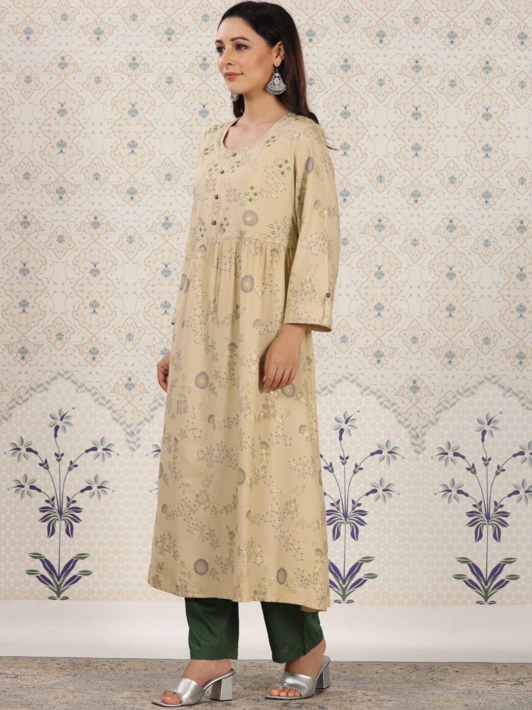 Dhiyona OD Ethnic motifs Printed Mirror Work Detailed A-Line Kurta