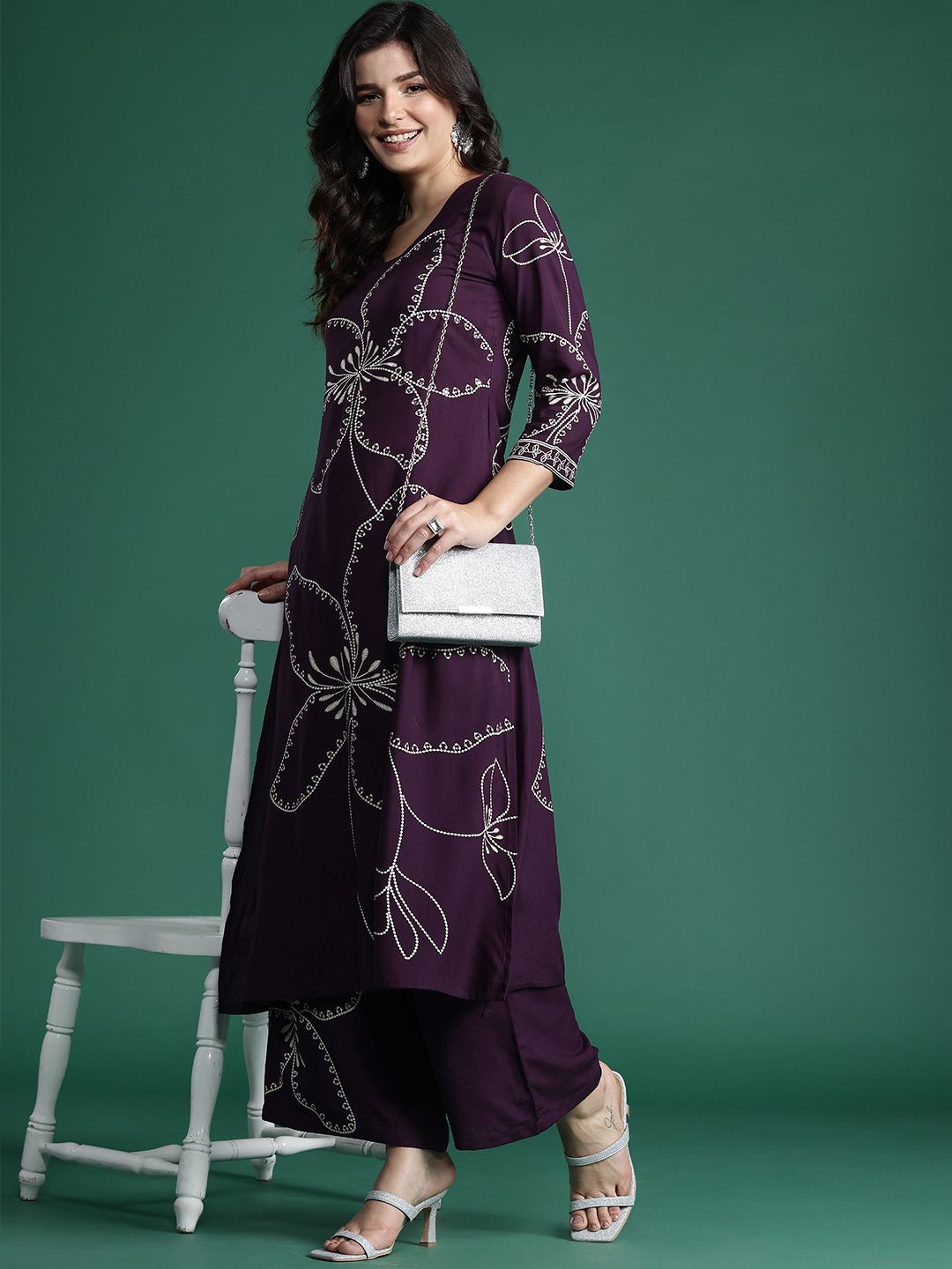 Floral Printed Sequinned Kurta with Palazzos