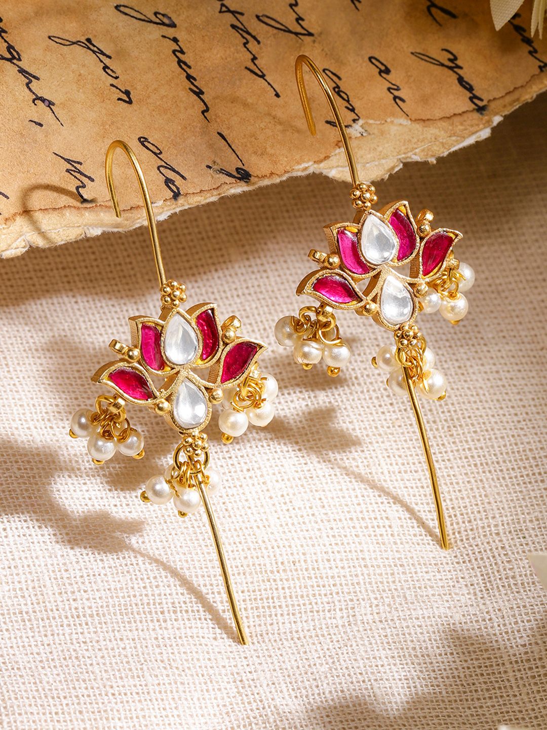 Dhiyona RJ Women's 22K Gold-Plated Ruby Pink & White Kundan Lotus Design Ear Cuff with Pearl Beads