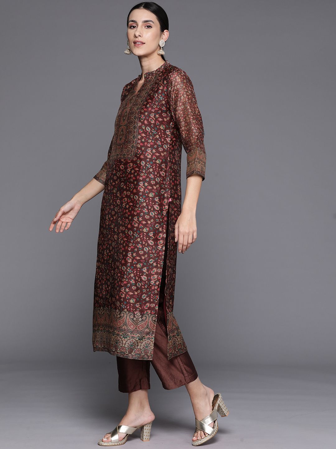 Dhiyona VA Women's Floral Printed Regular Chanderi Silk Kurta with Trousers & With Dupatta