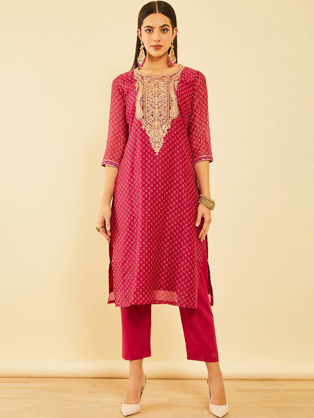 Dhiyona SO Women's Bandhani Printed Sequinned Chanderi Silk Kurta & Trousers With Dupatta