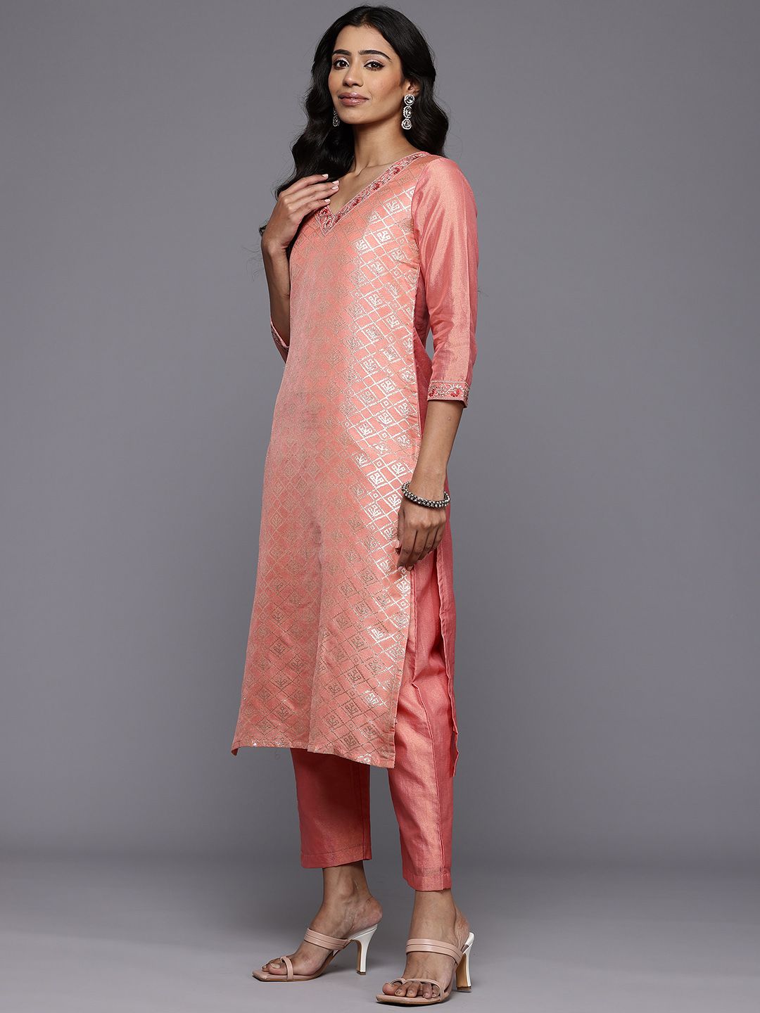 Dhiyona VA Women'sWoven Design Zari Kurta With Trousers & Dupatta