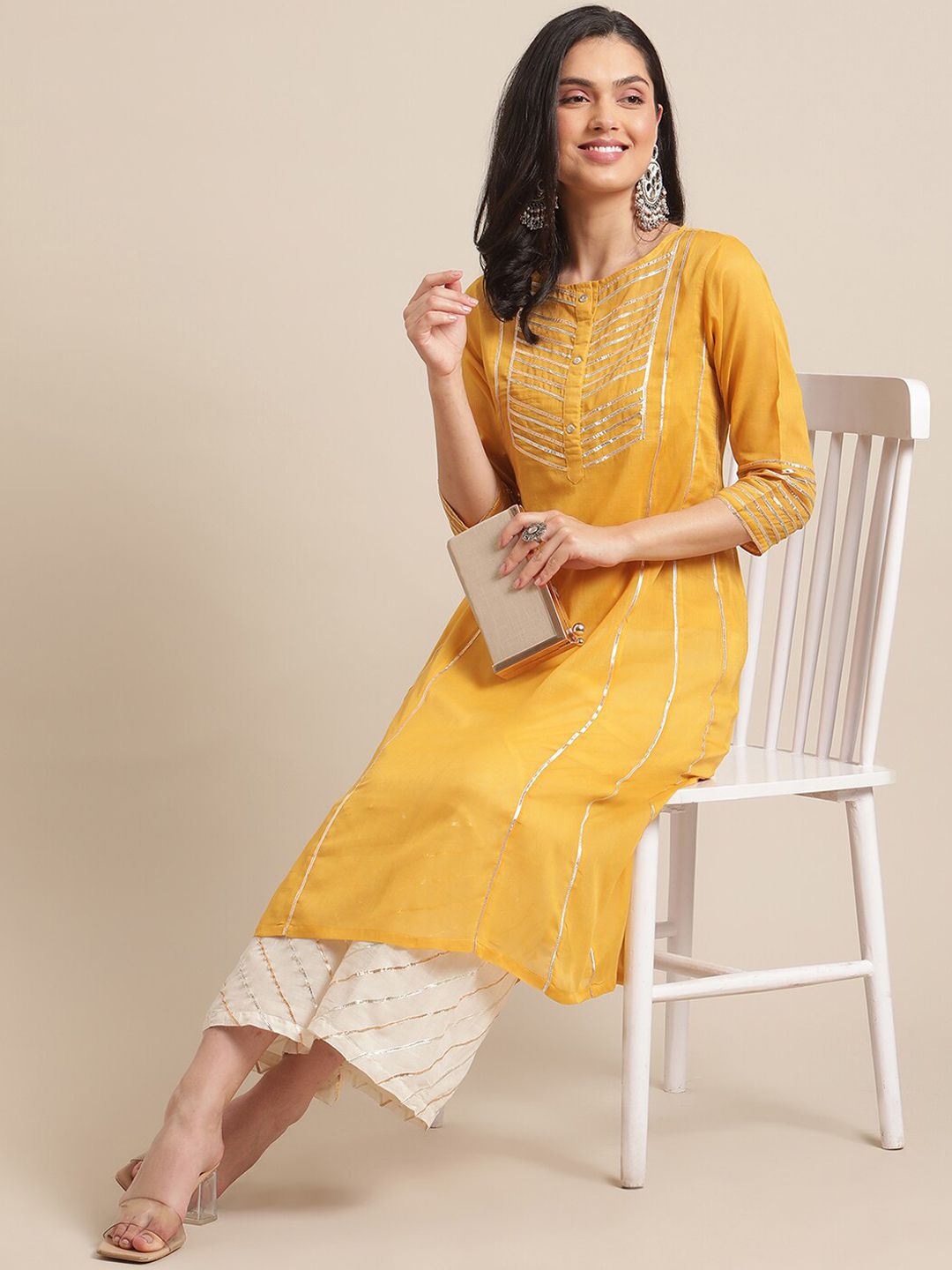 Dhiyona VA Women's Mustard Yellow Panelled Gotta Patti Pure Cotton Kurta with Trousers