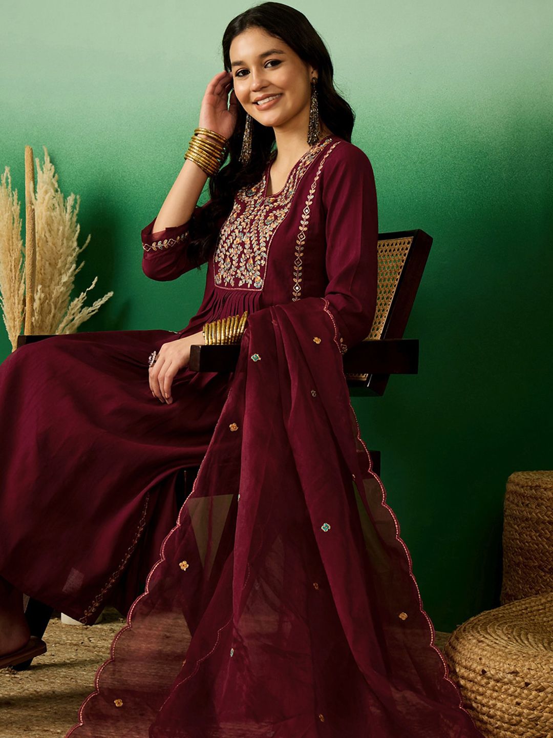 Dhiyona SN Women's Maroon Floral Embroidered V-Neck Sequinned A-Line Kurta With Pant & Dupatta