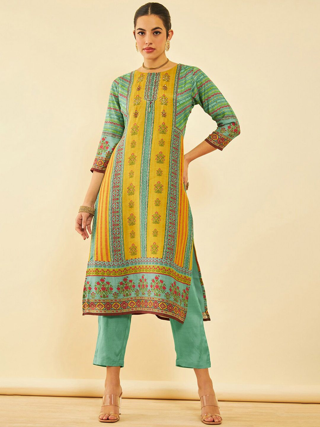 Dhiyona SO Women's Ethnic Motifs Printed Regular Sequinned Kurta with Trouser