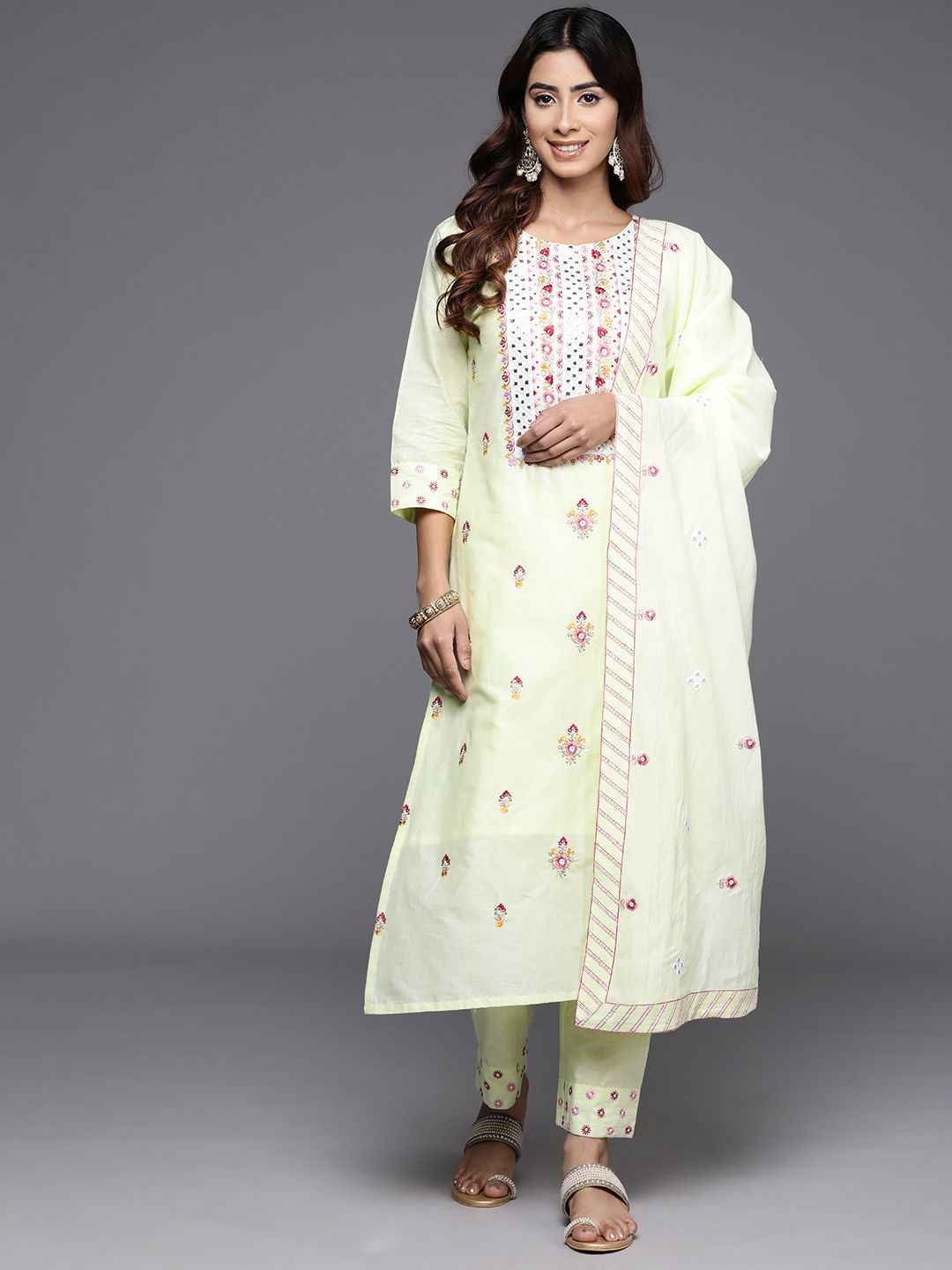 Dhiyona VA Women's Floral Embroidered Regular Mirror Work Pure Cotton Kurta with Trousers & With Dupatta