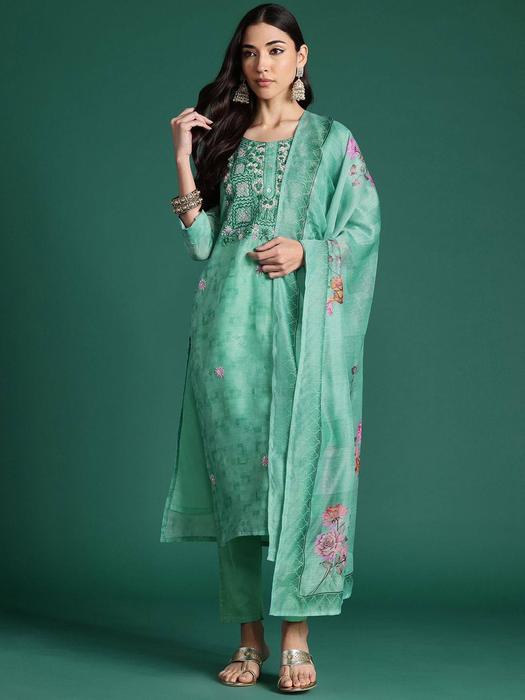 Dhiyona IE Floral Printed Thread Work Chanderi Silk Kurta with Trousers & Dupatta