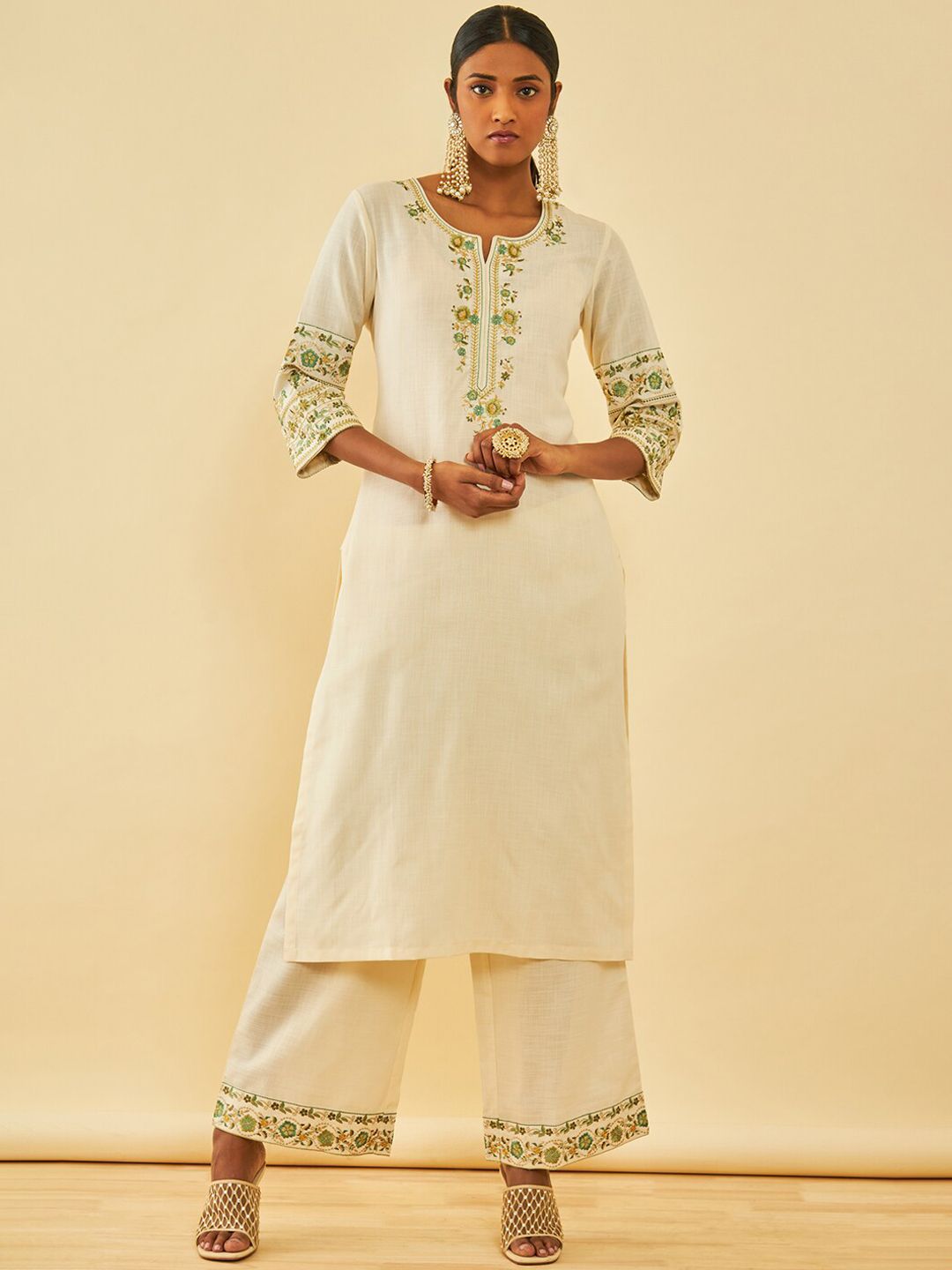 Dhiyona SO Women's Floral Embroidered Regular Thread Work Kurta with Palazzos