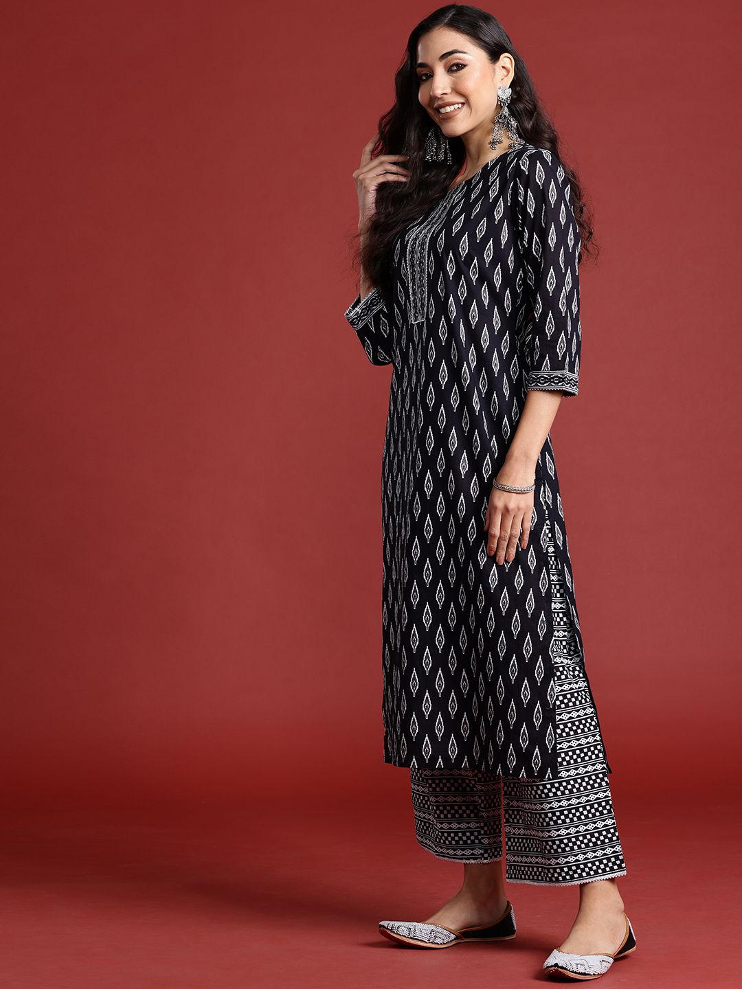 Dhiyona IE Printed Mirror Work Pure Cotton Kurta With Palazzos & Dupatta