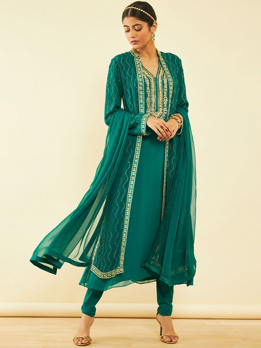 Dhiyona SO Women's Floral Yoke Design Beads and Stones Kurta & Churidar & Dupatta With Shrug