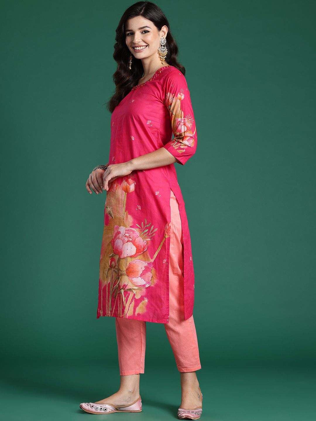 Dhiyona IE Floral Printed Beads & Stones Pure Cotton Kurta With Trousers & Dupatta