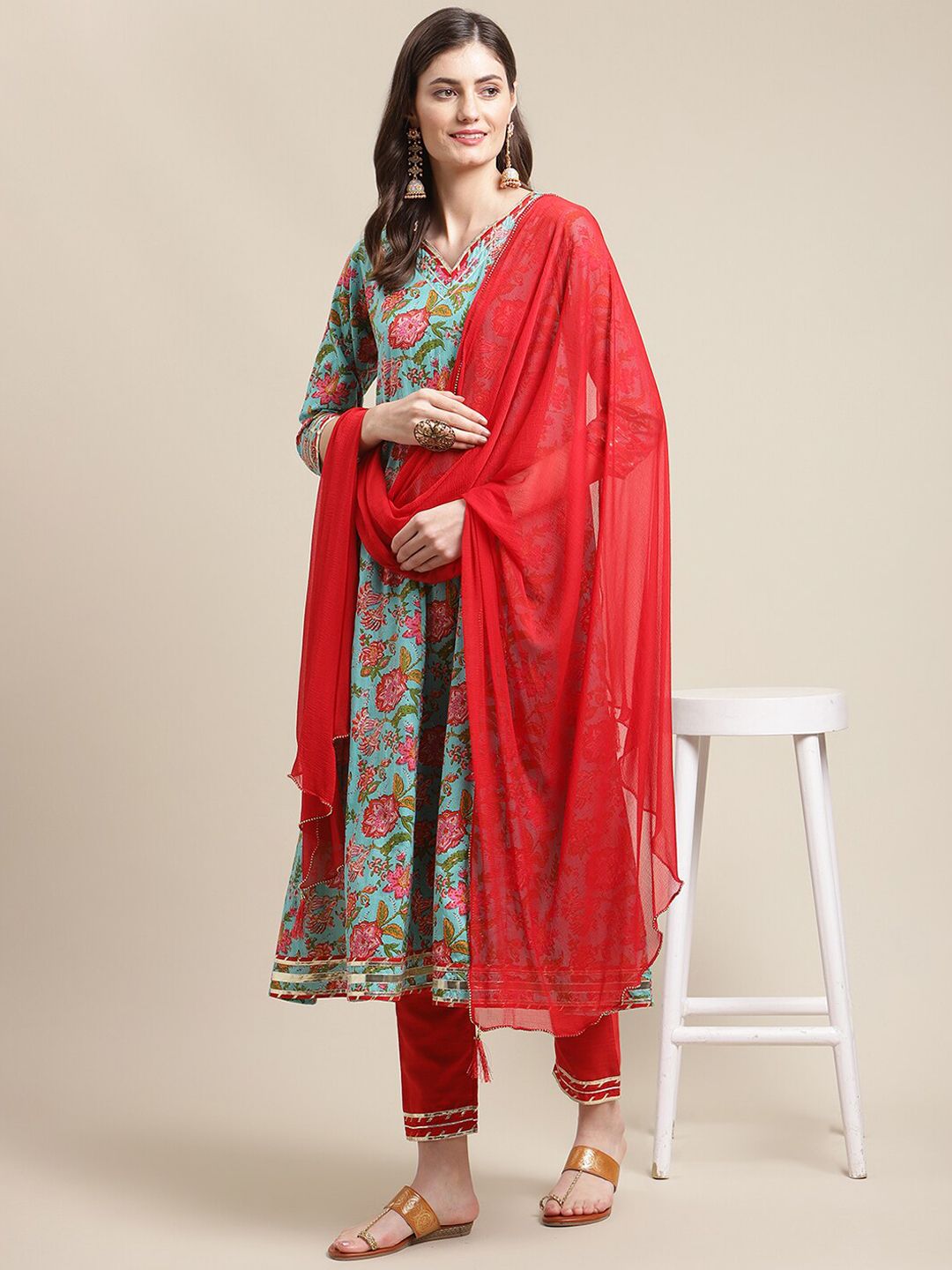Dhiyona VA Women's Blue Floral Printed Gotta Patti Kurti with Trousers & With Dupatta