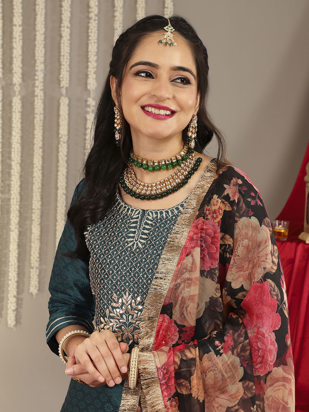 Dhiyona VA Women's Green Ethnic Motifs Embroidered Gotta Patti Kurta with Trousers & With Dupatta