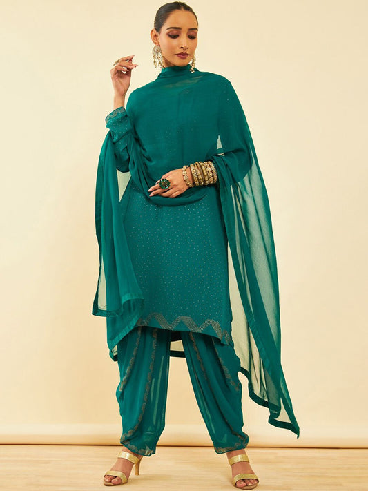 Dhiyona SO Women's Embroidered V-Neck Long Sleeves Beads and Stones Kurta Set