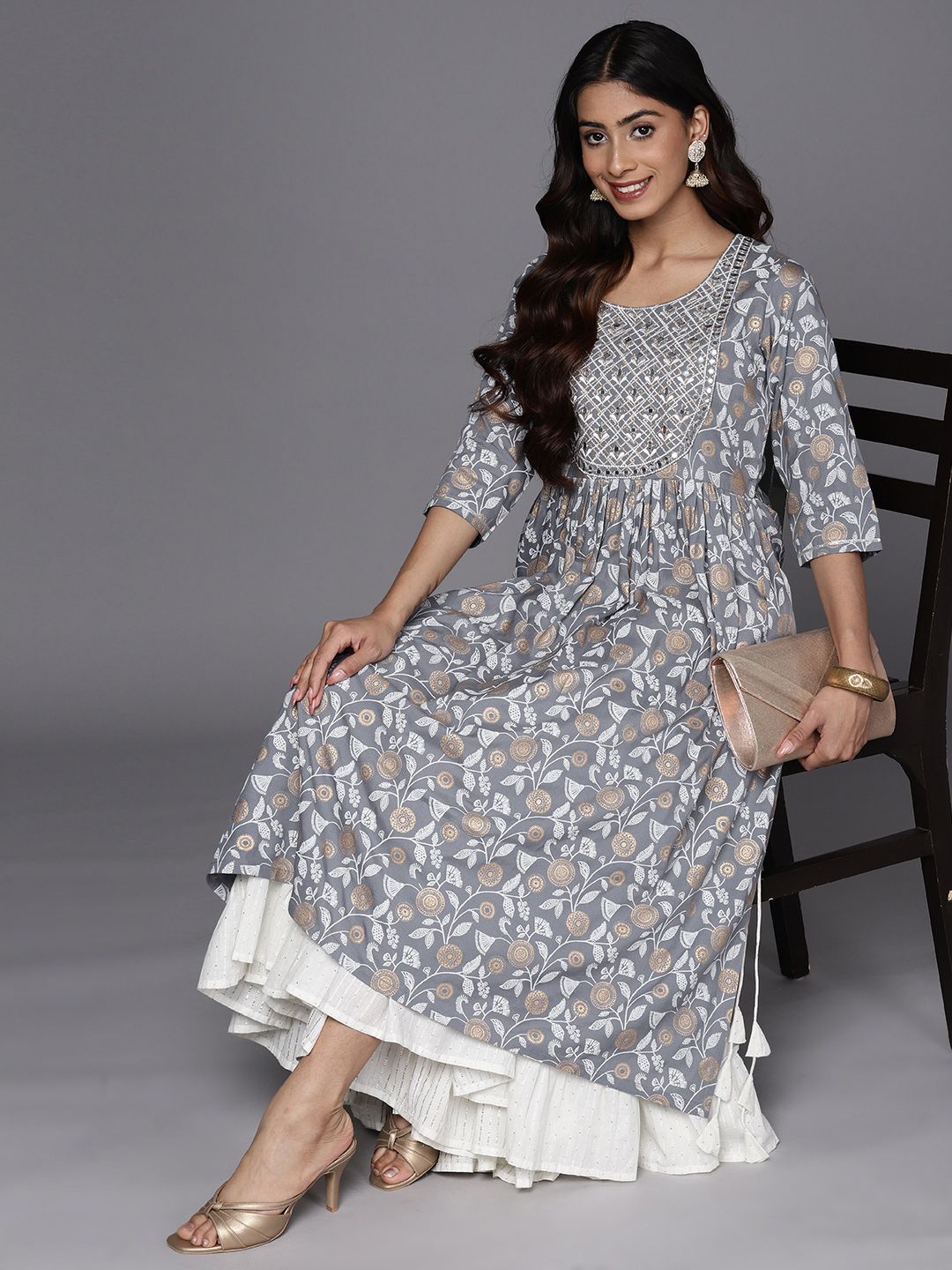 Dhiyona LB Women's Floral Yoke Design Mirror Work Kurta