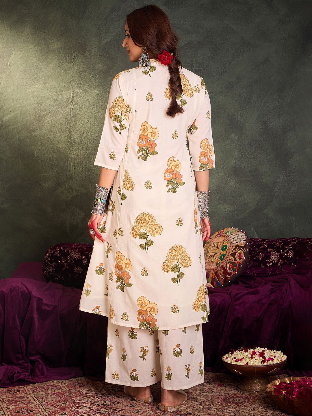 Dhiyona IE Floral Printed Pure Cotton V-Neck A-Line Kurta With Palazzos