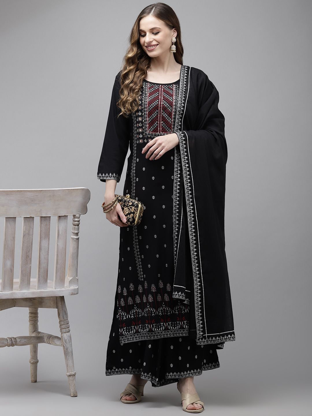 Dhiyona IS Women's Women Black Floral Embroidered Regular Kurta with Palazzos & With Dupatta