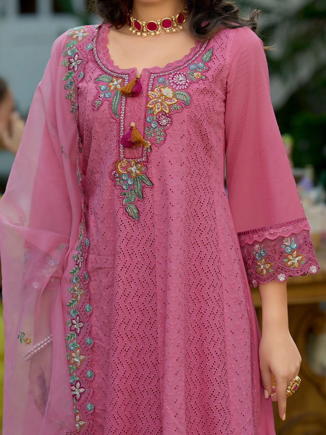 Dhiyona IE Floral Embroidered Pure Cotton Anarkali Kurta With Trousers And Dupatta