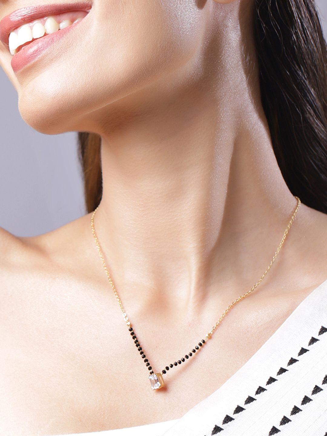 Dhiyona RJ Women's 18K Gold Plated Elegant AD Studded & Black Beads Mangalsutra for Women