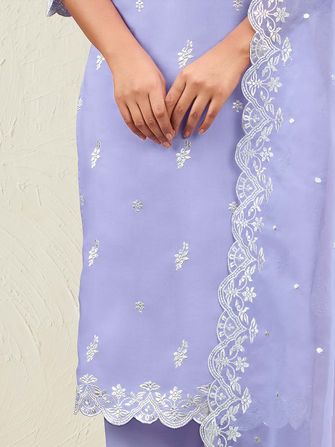 Dhiyona IE Lavender Floral Embroidered Round Neck Thread Work Kurta with Trousers & Dupatta