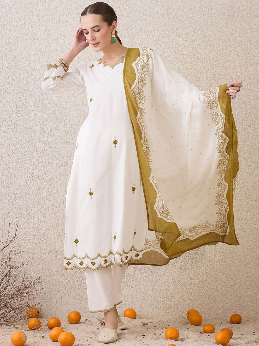 Dhiyona IE Floral Embroidered Sequinned Pure Cotton Straight Kurta With Trousers & Dupatta