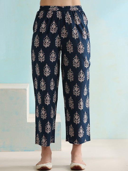 Women's Ethnic Motifs Printed V-Neck Pure Cotton A-Line Kurta with Palazzos & Dupatta