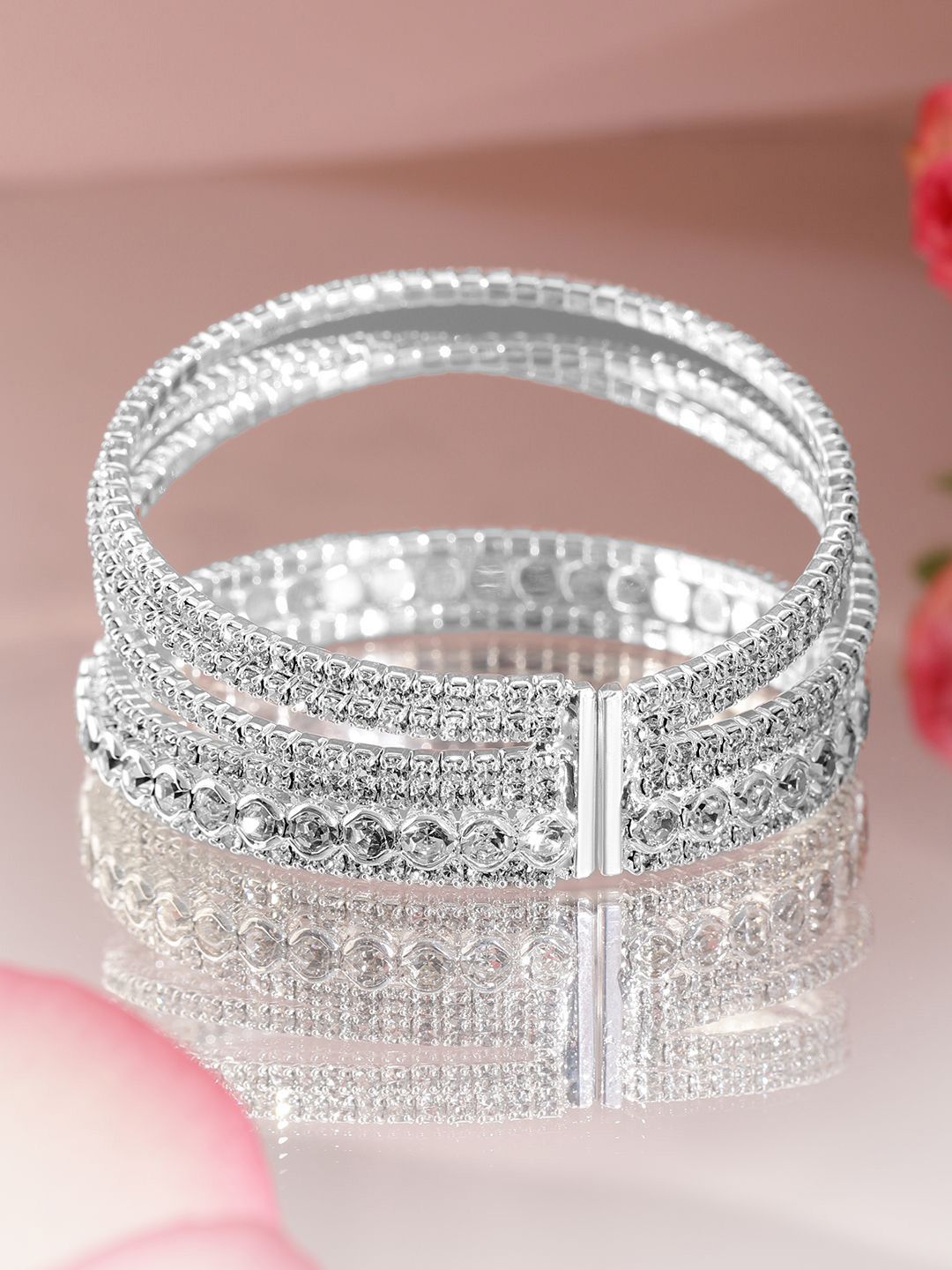 Dhiyona RJ Women's Rhodium-Plated Crystals Stone Studded Cuff Bracelet
