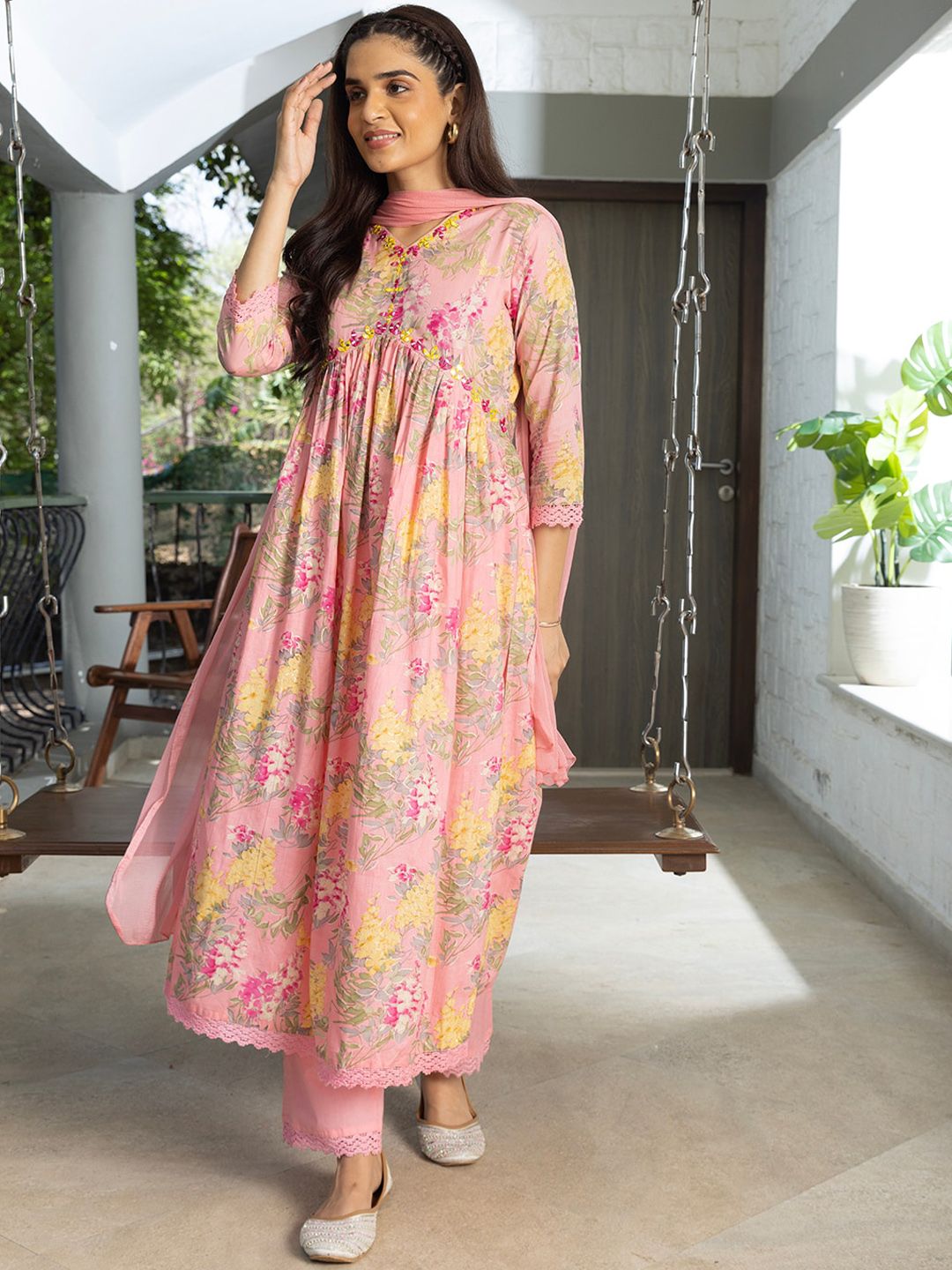 Dhiyona SN Women's Floral Printed Thread Work Pure Cotton A-Line Kurta With Trouser & Dupatta