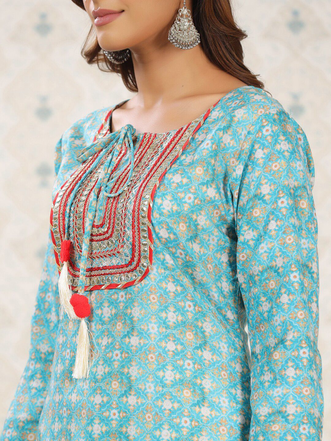 Dhiyona OD Sea Green Ethnic Printed Tie-Up Neck Gotta Patti Straight Kurta