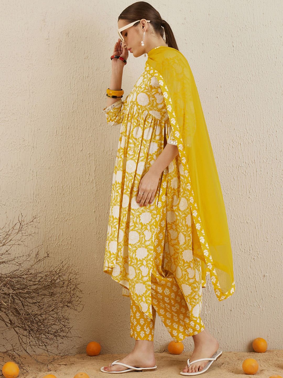 Dhiyona IE V Neck Floral Printed Empire Mirror Work Pure Cotton Kurta Set