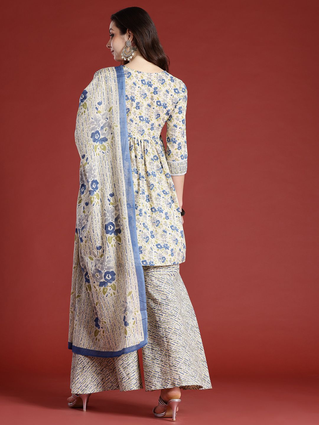 Dhiyona IE Floral Printed Empire Pure Cotton Kurta with Sharara & With Dupatta