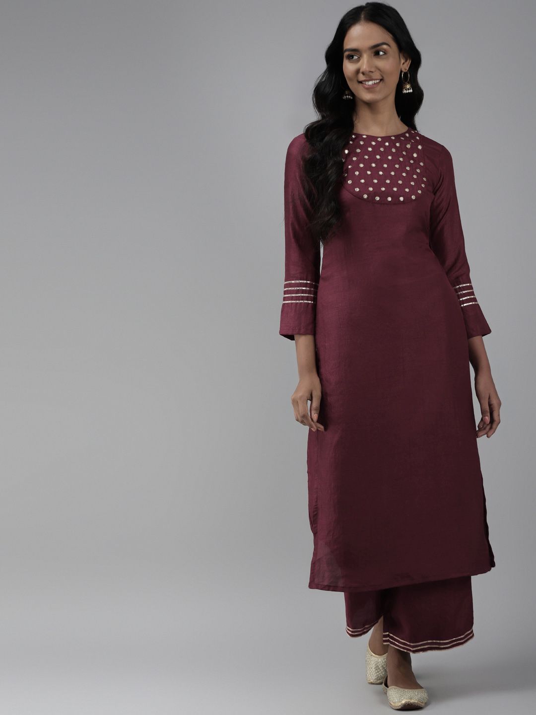 Dhiyona IE Women Maroon Yoke Design Regular Mirror Work Kurta with Palazzos