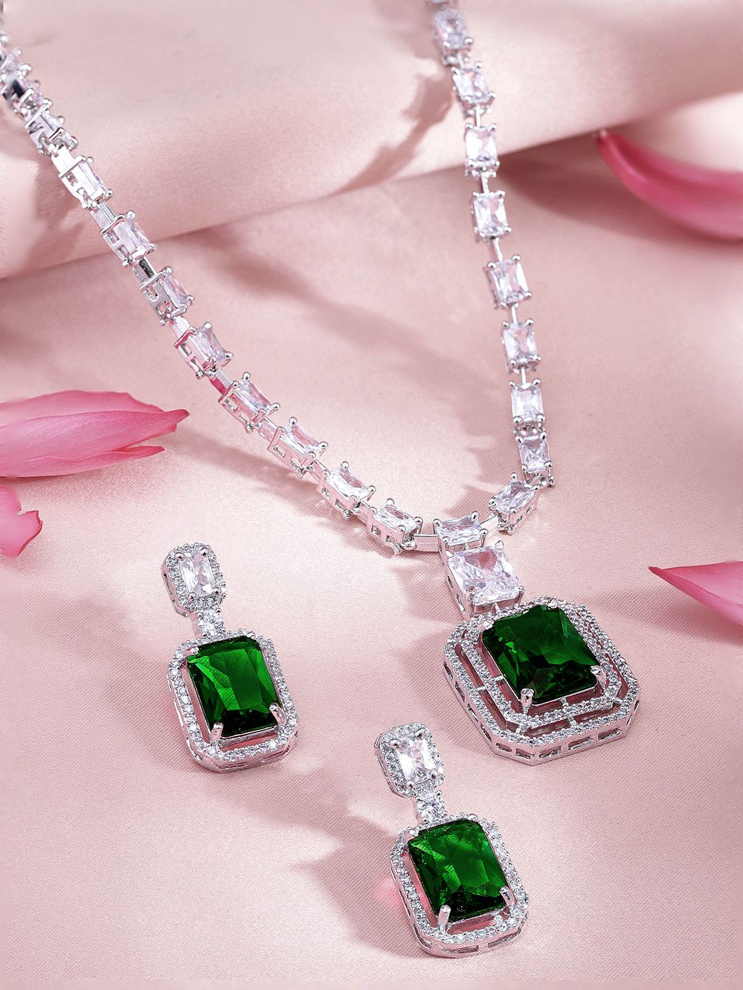 Dhiyona RJ Women's Rhodium-Plated Emerald Green & Cubic Zirconia Studded Necklace Set