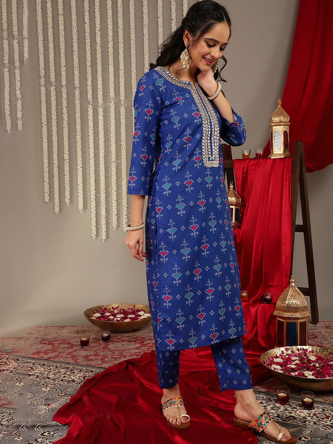 Dhiyona VA Women'sBandhani Printed Gotta Patti Straight Kurta & Trouser With Dupatta