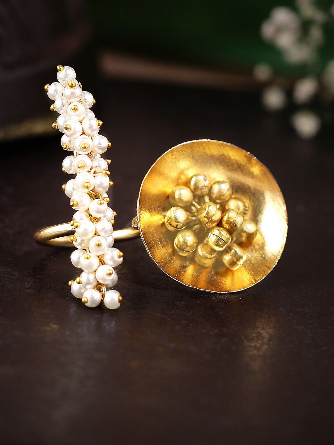 Dhiyona RJ Women's Gold-Plated & White Pearl Beaded Adjustable ring