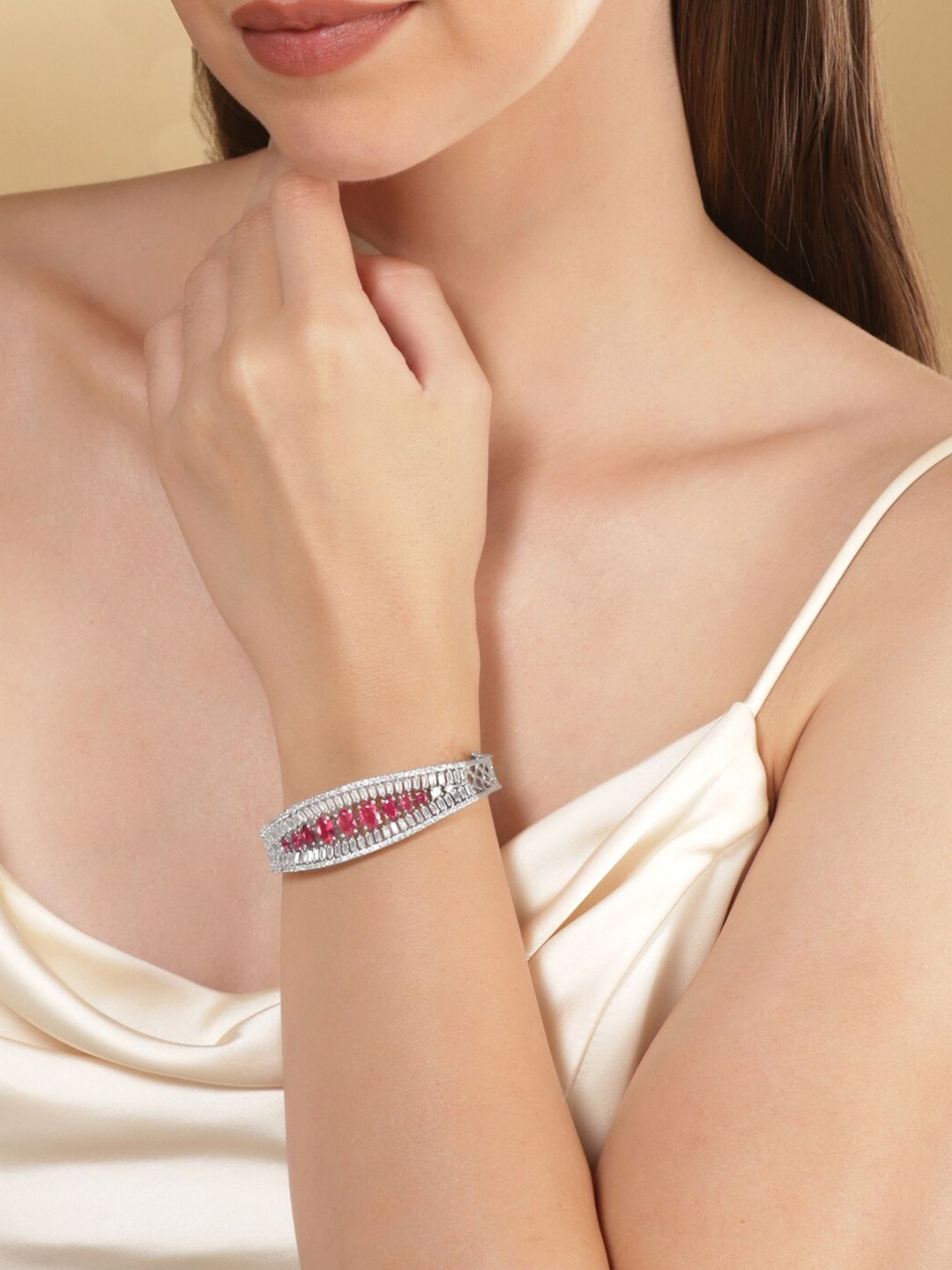 Dhiyona RJ Women's Rhodium Plated Ruby Red & Cubic Zirconia Studded Openable Premium Bracelet ,
